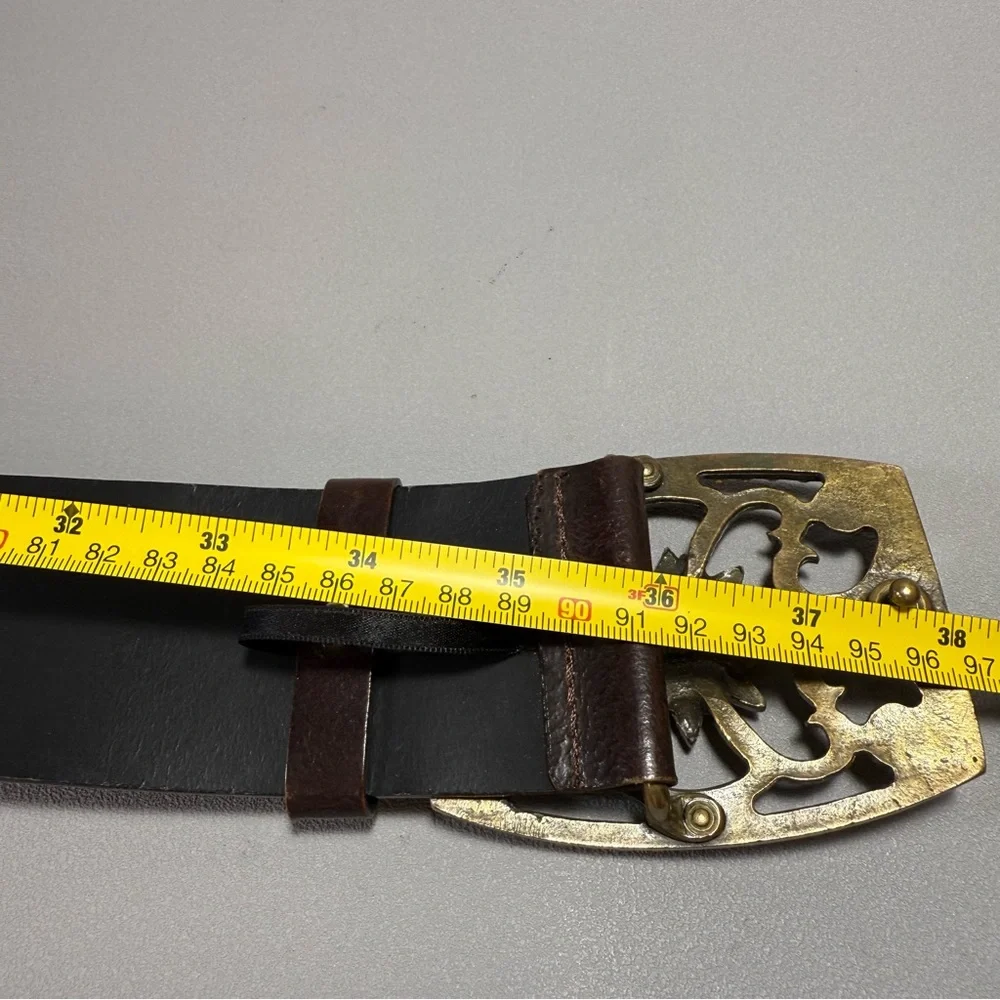 Stunning Brown Leather Wide Belt with Rhinestone Embellished Bronze Buckle